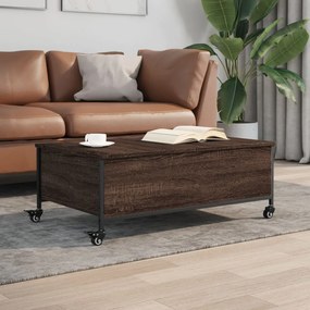 Barna tölgy szerelt fa dohányzóasztal kerekekkel 91x55x34 cm