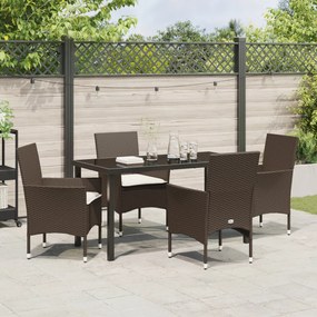 5 Részes Kerti Étkezőasztal Párnákkal Barna Poli Rattan, Kerti Asztal Fekete 140x80x73 cm Edzett Üveg