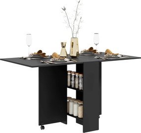 HOMCOM Összecsukható Étkezőasztal Konyhai Asztal Kerekekkel, Összecsukható Szárnyakkal és Polcokkal 4-6 Fő Részére 75x140x74 cm Fekete | Aosom