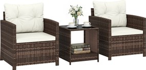 Outsunny 3 részes PE-rattan kerti szett — 2 párnázott fotel és üveglapos dohányzóasztal, barna/krém — erkély/terasz | Aosom