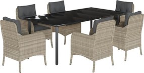 vidaXL 7 részes világosszürke polyrattan kerti étkezőszett párnával