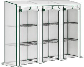 Outsunny 3 polcos PVC kerti mini üvegház acélvázzal, 2 felhajtós cipzáras ajtó — 215 x 46 x 151 cm, fehér | Aosom