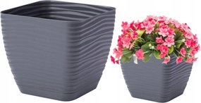 Antracit díszes virágcserép alátéttel, 12,7x11,8 cm, négyzet alakú, műanyag