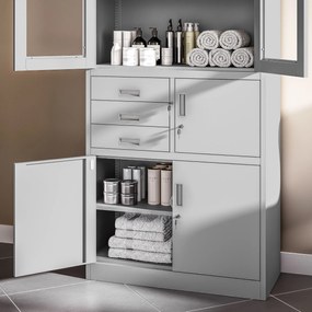 Fém iratszekrény széffel, vitrinnel és fiókokkal FILIP, 900 x 1850 x 400 mm, szürke