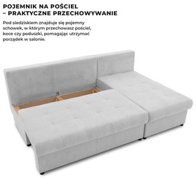 Venezia sarokkanapé, 3 ágyneműtartóval, kordbársony, univerzális oldal, hab töltet, szürke