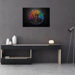 Üveg kép – Fa színes szívekkel (70x50 cm)