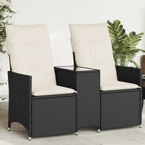 2 személyes fekete polyrattan dönthető kerti kanapé asztallal