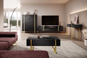 Verica 200 cm-es TV-szekrény, falra szerelhető, nyitott polccal - szénfekete / arany fogantyúk