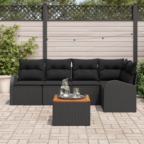 6 Darabos Kert Kanapé Szett Párnákkal Fekete Poli Rattan Akácia, 2-Fős Kert Kanapé Tárolóval és Párnákkal Fekete Poli Rattan