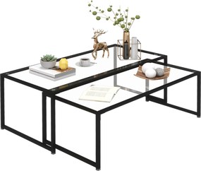 HOMCOM 2 db-os Üveg Kávasztal Szett Oldalsó Asztal, Üveg Felső Kávasztal, Fészekasztal, Nappali Asztal, Üveg Asztal a Hálószobába, Nappali Fekete | Ao