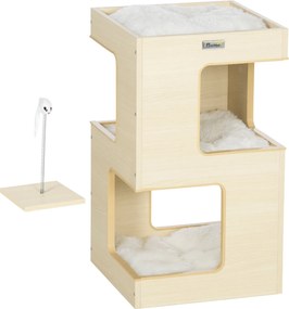 PawHut Macska Barlang, 3-Szintes Macska Szekrény Párnával, Macskaház, Macska Barlang Műegér Játékkal, Macska Bútor, Belső Tér, Tölgy, 34 x 34 x 60 cm