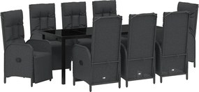 vidaXL Kert étkező szett párnával 9 pcs Fekete polirattan