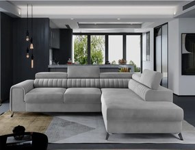 Szürke bársony kinyitható-tárolóhelyes sarokkanapé (jobb oldali-L alakú) Laurence – ELTAP
