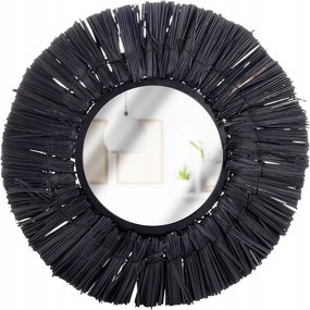 Fali Tükör Kerek Fekete 32CM Keret Rafia Boho Stílusú Szoba