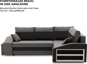 Grande sarokkanapé polcokkal és puffokkal , polc a jobb karfaban puffok a bal karfaban, jobboldali, szövet anyag, bonell töltet, szürke - fekete