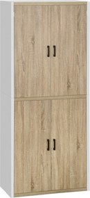HOMCOM Konyhai Spájz Szekrény 4 Állítható Polccal, MDF Konyhai Szekrény, 4 Ajtóval és Felbillenésgátlóval, 80x40x182cm, Természetes Fa és Fehér | Aoso