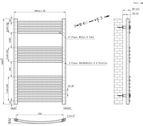 Íves törölközőszárító radiátor 1000x600 mm fekete
