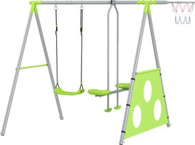 AIYAPLAY 4 az 1-ben Hinta Keret Kültéri Hinta Szett Hintával, 2-Személyes Csúszdával, Foci Kapuval, Kosárlabda Gyűrűvel, Kerti Hinta Gyerekeknek Fém K