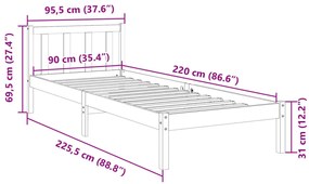 fehér tömör fenyő extra hosszú ágykeret matrac nélkül 90x220 cm