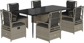 vidaXL 7 részes világosszürke polyrattan kerti étkezőszett párnával