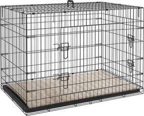 PawHut Kutyaketrec, Összecsukható Kutyaszállító Ketrec 2 Ajtóval, Leszedhető Tálca, Mosható Puha Ágy, Acél Váz, 105 x 70 x 75 cm, Fekete | Aosom