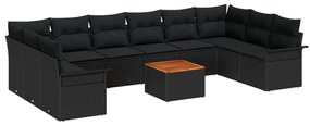11 részes Kert Sofa Szett párnákkal Fekete Poli Rattan Akácia, 2 személyes Kert Sofa tárolóval és párnákkal Fekete Poli Rattan