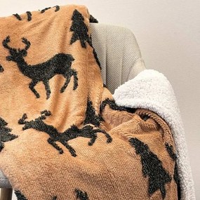 Karácsonyi mikroflanel takaró serpával - 200x150 cm - barna szarvasos - fenyőfás mintával