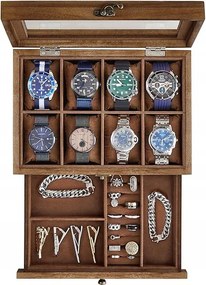 Songmics óratartó doboz 8 rekesszel, fa, üveg fedéllel