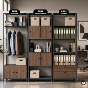 Irodai polc nyitott ruhaakasztó rúddal, recepcióra és váróterembe, fém, antracit/dió, 800x2200x400 mm: ARIEL Eco Design