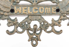 Öntöttvas patinás arany-kék kacskaringós borostyán leveles felületre szerelhető welcome tábla 17,5x19x2cm