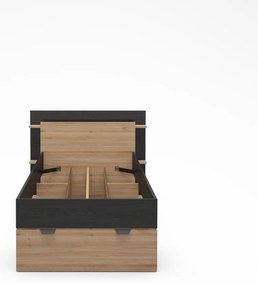 Fekete-natúr színű ágyneműtartós egyszemélyes ágy ágyrács nélkül, tölgyfa dekorral 90x200 cm Albo – Marckeric