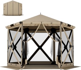 Outsunny 3,00 m x 2,60 m hatszögletű pavilon padlószőnyeggel, hálós oldalfalakkal és hordtáskával — vízálló, UV-védelemmel, keki | Aosom