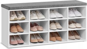 Fehér cipősszekrény ülőfelülettel 12 polccal, állítható oldalsó rekeszekkel