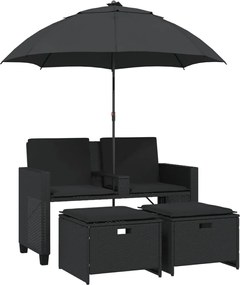 vidaXL 2 személyes fekete polyrattan kerti kanapé napernyővel/székkel
