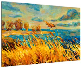 Kép - naplemente a tó felett, akril festmény (90x60 cm)