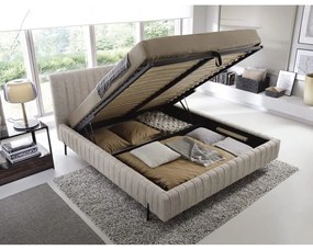 Bézs kárpitozott ágyneműtartós franciaágy ágyráccsal 140x200 cm Plissa – ELTAP