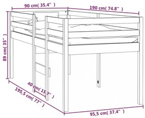 fehér tömör fenyőfa magasított ágy 90 x 190 cm