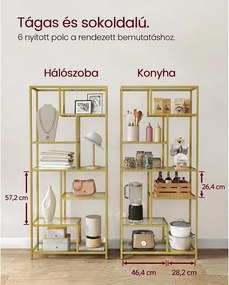 Könyvespolc, 6 szintes magas könyvszekrény 30 × 80 × 180 cm, fémes arany színben
