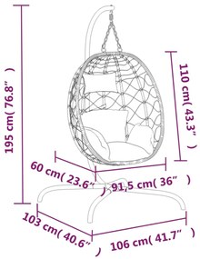 tópszínű polyrattan és acél lógó tojásszék párnával