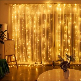 300 micro LED-es USB-s beltéri fényfüggöny, 8 világítási móddal, távirányítóval, meleg fehér, IK