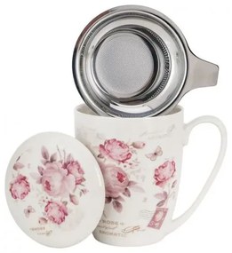 Rózsás porcelán bögre fém szűrővel és tetővel - 350 ml SECESJA díszdobozos