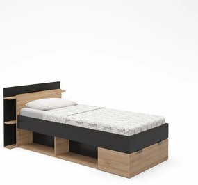 Fekete-natúr színű ágyneműtartós egyszemélyes ágy ágyrács nélkül, tölgyfa dekorral 90x200 cm Albo – Marckeric