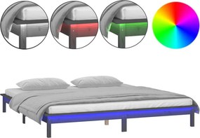 vidaXL szürke tömör fa ágykeret LED-világítással 140x190 cm