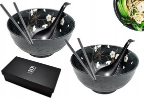2 db-os tál szett kanállal és pálcikákkal Udon Kuroi Hana 800 ml Box