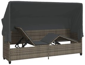 Szürke polyrattan napozóágy tetővel és párnával