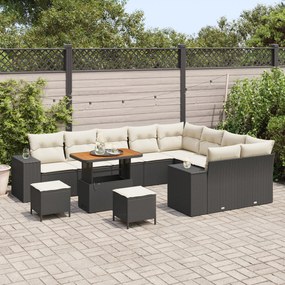 12 darabos kerti sofa készlet párnákkal fekete poly ratán akác, 3 darabos kerti étkező készlet párnákkal fekete poly ratán akác