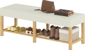HOMCOM cipőpad — modern előszobabank párnázott ülőhellyel 2 személyre, nyitott cipőpolc, gumi fa váz, előszobába, nappaliba, 140 x 44 x 48 cm | Aosom