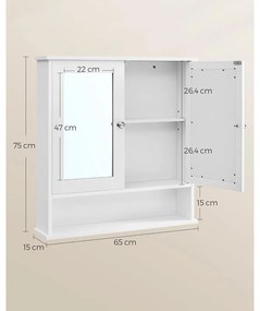 Fali tükrös fürdőszoba szekrény 2 ajtóval, fehér, 65x15x75 cm