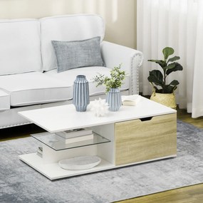 HOMCOM Kortárs Formatervezésű Téglalap Alakú Kávézóasztal 2 Fiókkal, 2 Polccal, Edzett Üvegpolccal, Fehér Tölgy Hatású Panelek 106 x 58 x 39 cm | Aoso