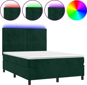 vidaXL sötétzöld bársony rugós és LED-es ágy matraccal 140x190 cm